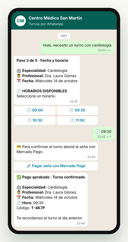 Conversación de WhatsApp con el chatbot: el paciente elige horario, paga la seña con Mercado Pago y recibe el turno confirmado