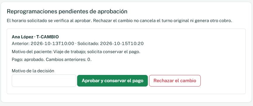 Recepción puede revisar el motivo, aprobar conservando el pago o rechazar el cambio